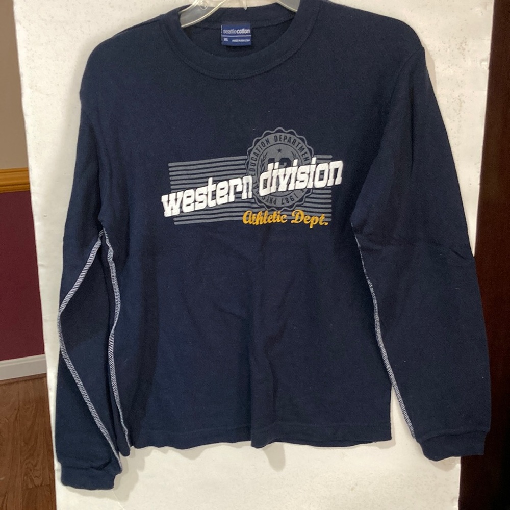 EUC Boys XL Navy THERMAL 100% cotton LS SHIRT “western division, athletic dept”